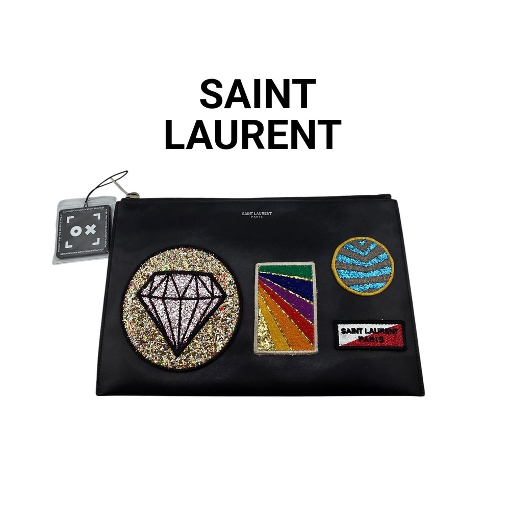 Saint Laurent Paris Black Leather Patch Clutch Glitter Diamond Pouch COA